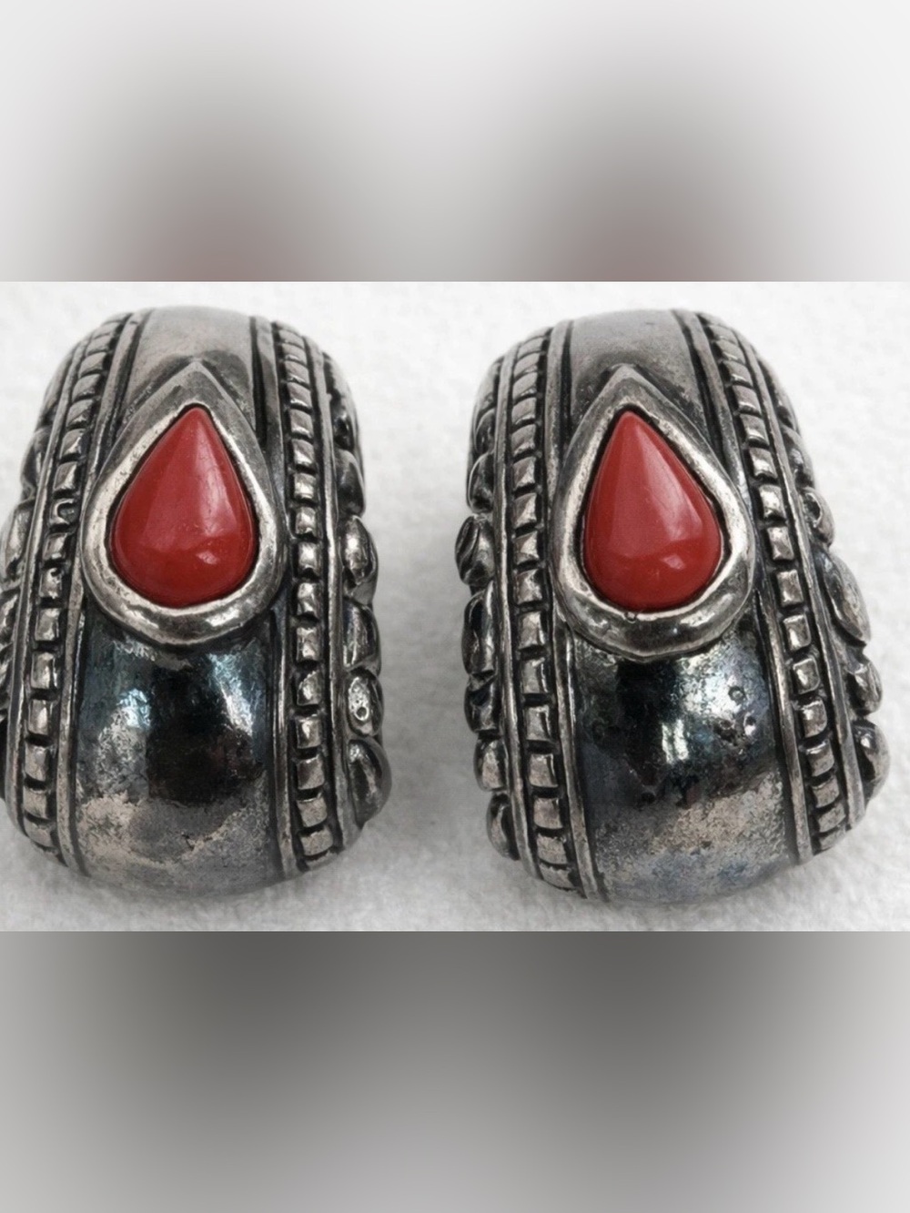 Vintage Black & Silver Red Teardrop accent unique pierced earrings.